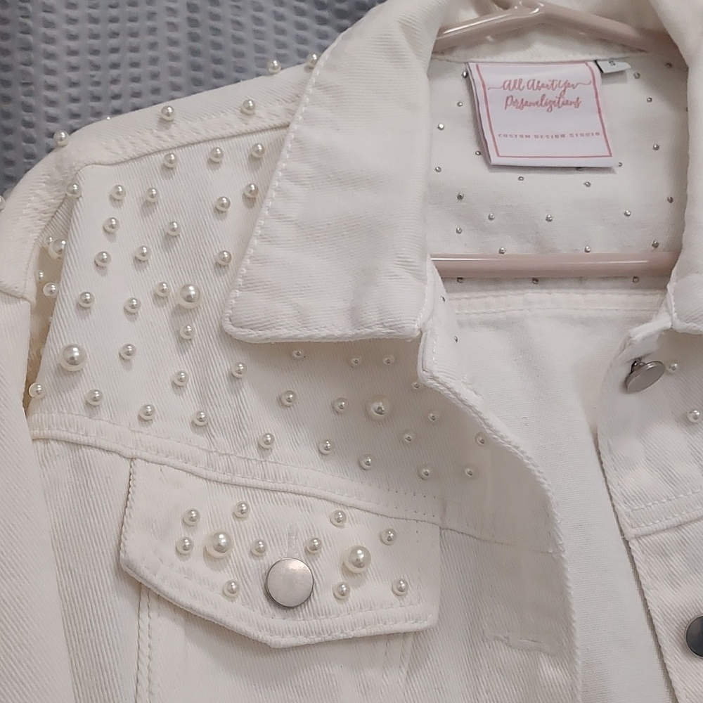 Bride-to-be Pearl-Embellished Cream Denim Jacket - Picture 4 of 8